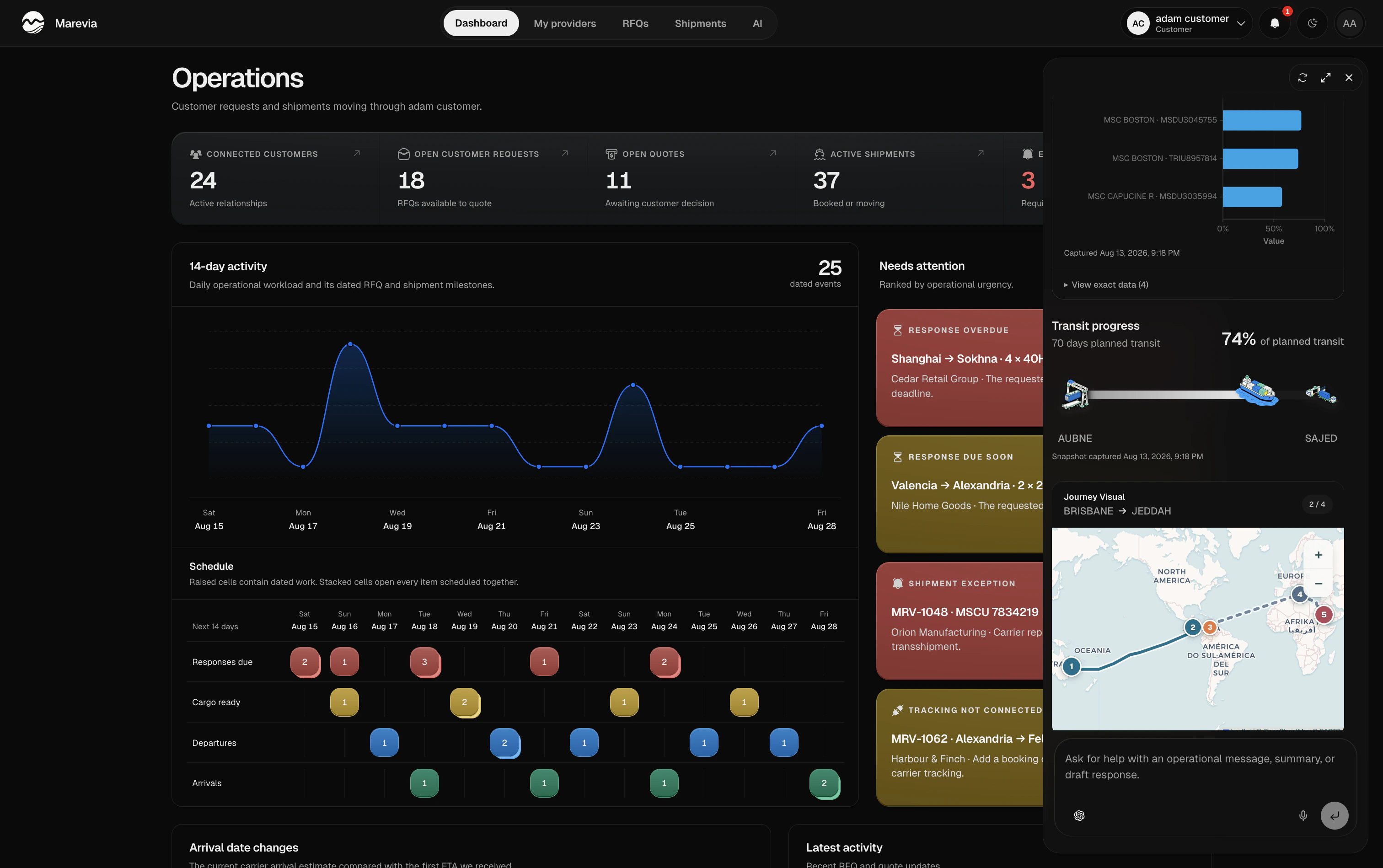 Marevia shipment workspace with live tracking and AI assistance